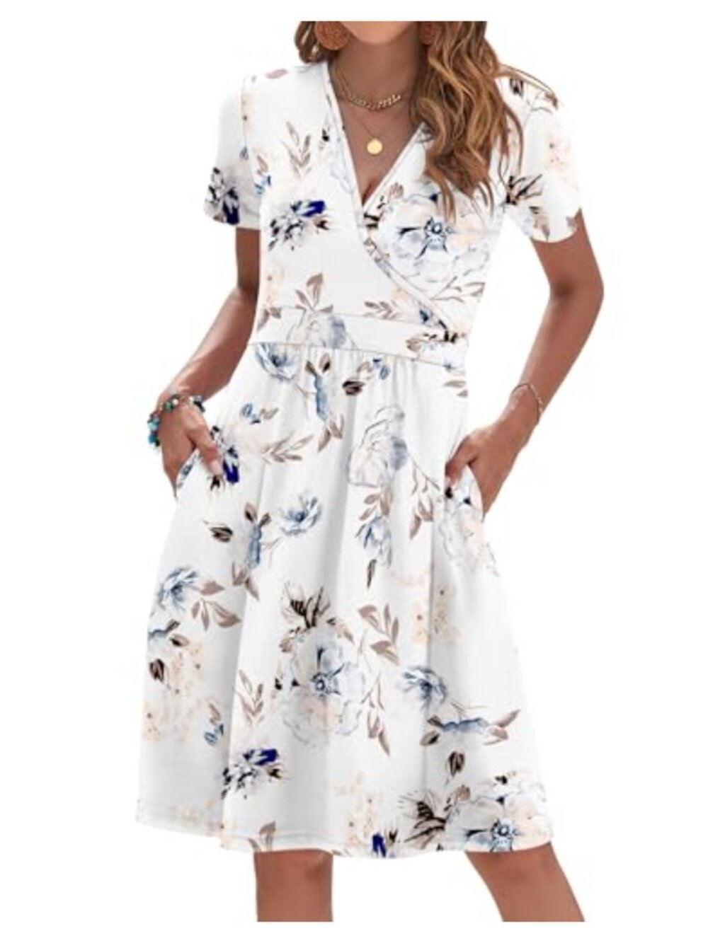 Women's Casual Summer Dress Short Sleeve V Neck Empire Waist with Pockets